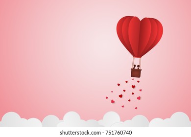 Paper Style love of valentine day , balloon flying over cloud with heart float on the sky, couple honeymoon , vector illustration background