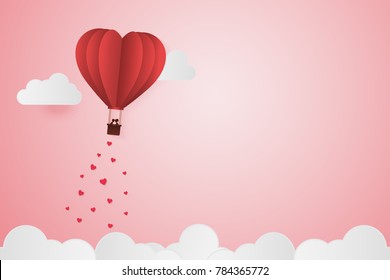 Paper Style love of valentine day , balloon flying over cloud with heart float on the sky, couple honeymoon with copy space , vector illustration background