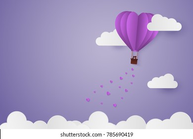 Paper Style love of valentine day violet pantone , balloon flying over cloud with heart float on the sky, couple honeymoon or gay lover , vector illustration background