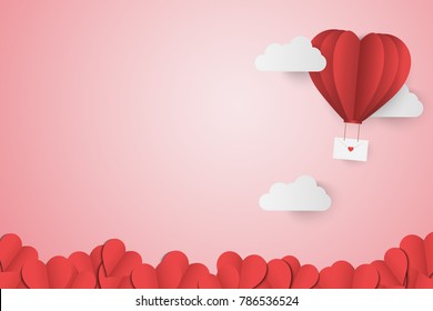 Paper Style love of valentine day , balloon flying over cloud and Paper Heart with float on the sky, Send love letter with copy space , vector illustration background