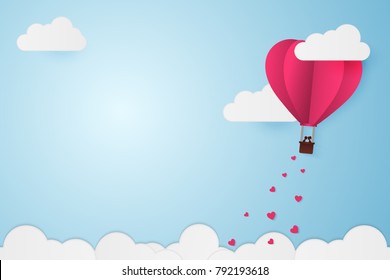 Paper Style love of valentine day , balloon flying over cloud with heart float on the sky, couple honeymoon with copy space , vector illustration background