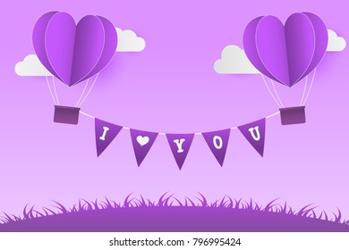 Paper Style love of valentine day Violet Tone , balloon flying over cloud with heart float on the sky, honeymoon ,  copy space , vector illustration background