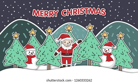 Paper style Merry Christmas design with Santa Claus, Christmas trees and snowman in snowing night.