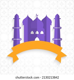 Paper Style Mosque With Empty Ribbon For Text Your Message On White Islamic Or Floral Design Background For Muslim Community Festival Concept.