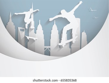 Paper Style Style - Skateboard, Skateboard On The Ramp, City, Skyscrapers, Birds. Vector Illustration.