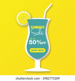 Paper Style. Summer Sale Banner template design with yellow lemon paper cut and drink for banner, flyer, poster, invitation, digital, social media marketing advertising promotion.