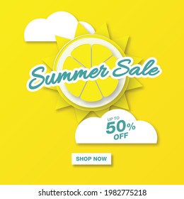 Paper Style. Summer Sale Banner template design with yellow lemon paper cut, sun and clouds for banner, flyer, poster, invitation, digital, social media marketing advertising promotion.