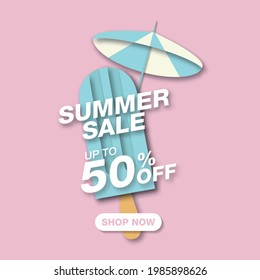 Paper Style. Summer Sale Banner template design with blue popsicle and umbrella decoration in paper cut style for social media promotion.