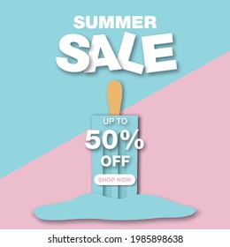 Paper Style. Summer Sale Banner template design with melting blue popsicle in paper cut style for social media promotion.