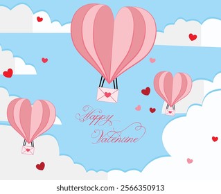 Paper style valentines day background with illustration of hot air balloon carrying love letter