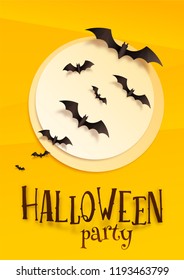 Paper style vector Halloween poster template with moon, bats and Halloween party sign on orange background