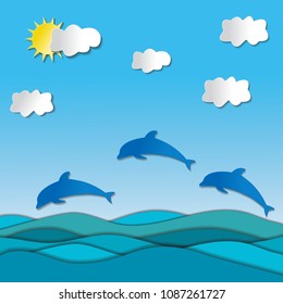 Paper style vector - sea with dolphins and sun
