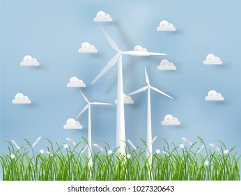 paper style of wind turbine with grass on nature background