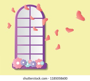 Paper style window with flowers on the window sill and flying pink butterflies in paper style on gentle yellow background