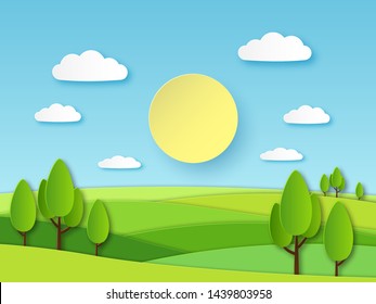 Paper Summer Landscape. Panoramic Green Field With Trees And Blue Sky With White Clouds. Layered Papercut Ecology Vector 3d Cartoon Nature Horizon Concept