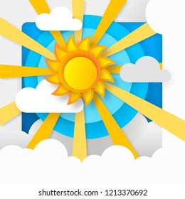 Paper sun in blue sky and white clouds vector illustration