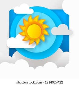Paper sun in blue sky and white clouds vector illustration