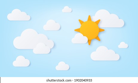 Paper sun and clouds. Summer sunny day, blue sky with white cloud. Nature cloudy scene in paper cut style. Good weather wallpaper vector art. Sun and cloudscape, cloud origami illustration