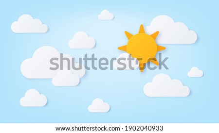 Paper sun and clouds. Summer sunny day, blue sky with white cloud. Nature cloudy scene in paper cut style. Good weather wallpaper vector art. Sun and cloudscape, cloud origami illustration