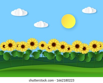 Paper sunflowers. Summer field landscape, paper cut with wild sunflower, sun and clouds, bright floral origami style vector meadow background