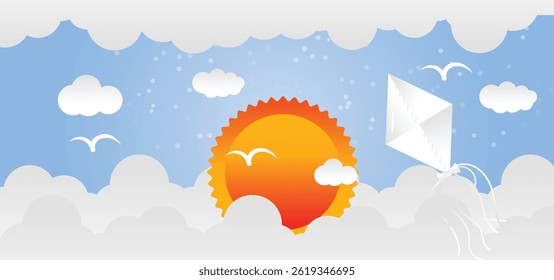 Paper Sunset Background with Clouds.