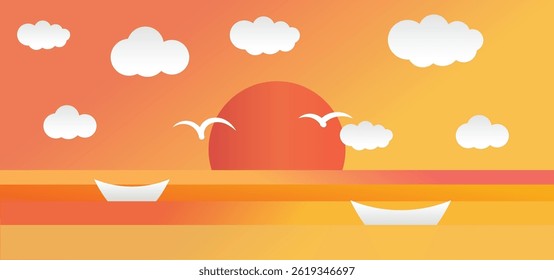 Paper Sunset Background with Clouds.