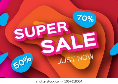 Paper Super Sale. Discount Poster in paper cut style. Special Offer Banner.