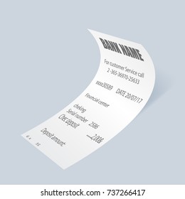 Paper supermarket bill vector element. Shop reciept, print check isolated object, realistic financial atm check, receipt records sale of goods or provision of service.