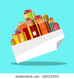 Paper Surprise Gift Boxes Pile with Empty Sticker for Your Text. Vector Birthday Present Box Design.