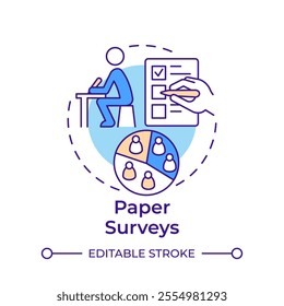 Paper surveys multi color concept icon. Research method. Documentation, questionnaire. Round shape line illustration. Abstract idea. Graphic design. Easy to use in infographic, presentation