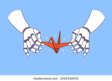 Paper swan in hands of robot demonstrating creative skills thanks to artificial intelligence training. Robot creates creative origami work using ai and neural networks or machine learning