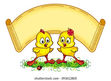 Paper swirl frame with a cartoon chickens