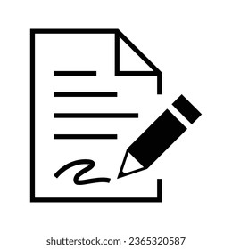 A paper symbol with an indentation in the top right corner and a pen, a signature symbol on paper or a form of cooperation on paper or a written agreement in the form of a line with a sharp corner