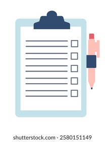 Paper tablet with pen and list icon. Flat style illustration