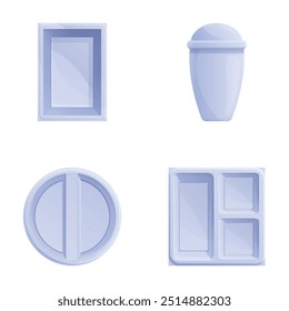Iconos de vajilla de papel fijados Vector de dibujos animados. Vajilla de fiesta de picnic. Utensilios de cocina ecológicos