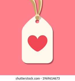 Paper tag with heart icon sign vector clipart cartoon illustration on red background. Simple flat element for liked favorite product or shop labels, stickers, best seller signs etc.