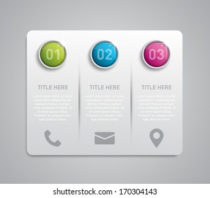 Paper tag / label banner with glossy buttons and shiny metallic ring buttons for business design, reports, infographics, progress, number options, step presentation or workflow layout. Clean style 