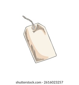 Paper tag on a rope vector sketch icon. Blank of price label. Sticker of special offer and discount. Hand drawn design of packing string. Empty sticker mockup