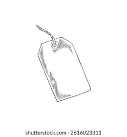 Paper tag on a rope vector ink sketch icon. Blank of price label. Sticker of special offer and discount. Hand drawn engraved design of packing string. Empty sticker mockup