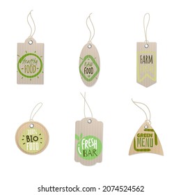 Paper tags. Food store labels with logo of healthy farm products. Realistic cardboard badges hanging on rope. Fresh organic vegetarian meal. Green bio bar menu. Vector isolated marks set