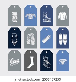 Paper tags with hockey equipment. Tag template design, sports store product tags, ice hockey drawn elements. Set of vector illustrations.