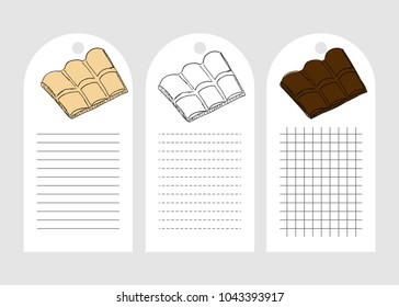 Paper tags template with chocolate in hand drawn style. For print, recipe-book, planner. Vector illustration