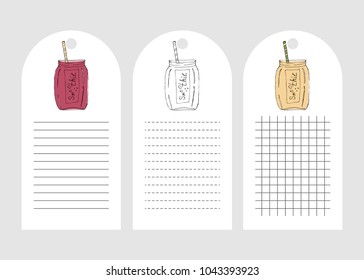 Paper tags template with smoothie in hand drawn style. For print, recipe-book, planner. Vector illustration
