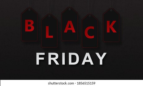 Paper tags with text BLACK FRIDAY on black background. Vector illustration
