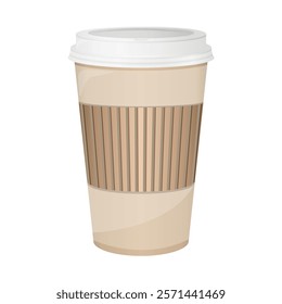 Paper takeaway coffee cup with holder. Cardboard or plastic container with lid for hot drinks. Icon of disposable coffee cup for shops, cafe. Vector illustration isolated on white background. 