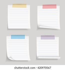 Paper with tape, blank lined paper notes with colored adhesive tape, vector eps10 illustration