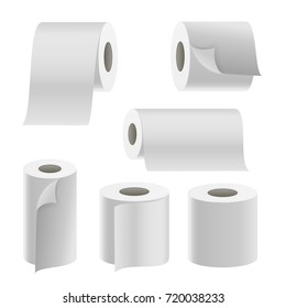 Paper Tape Roll Set Vector. Bathroom Hygiene. 3D Toilet Paper Blank. Packaging Kitchen Towel, Toilet Paper Roll Isolated Illustration
