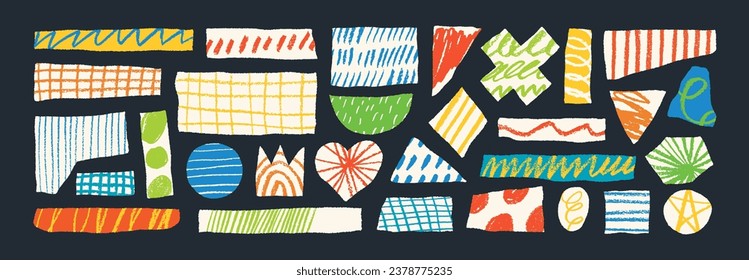 Paper tape strips and shapes set with doodle patterns. Hand drawn scrapbook stripes, sticky label tags and decorative scotch strip. Torn paper shapes with colored decorative elements.