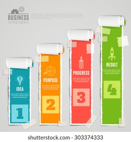 Paper taped staged idea purpose progress result color infographic set realistic 3d vector illustration
