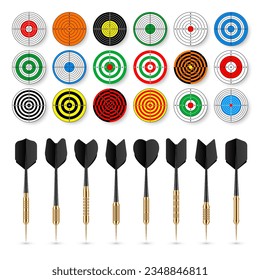 Paper targets with dart arrows and shadows. Shooting range round target, divisions, marks and numbers. Gun shooting practise and training, sport competition. Bullseye and aim. Vector illustration